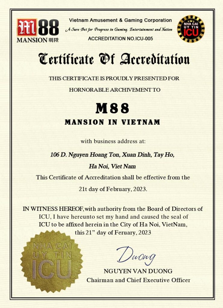 Thông tin chứng chỉ Nhà Cái ICU tại Việt Nam của M88