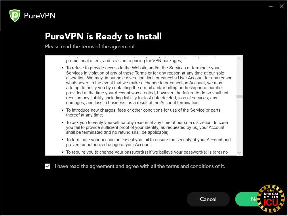 Chọn Next để đồng ý điều khoản của phần mềm PureVPN 