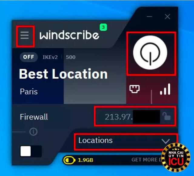 Đăng nhập tài khoản vào phần mềm Windscribe rồi ấn chọn vào mục có mũi tên chỉ xuống như trên màn hình